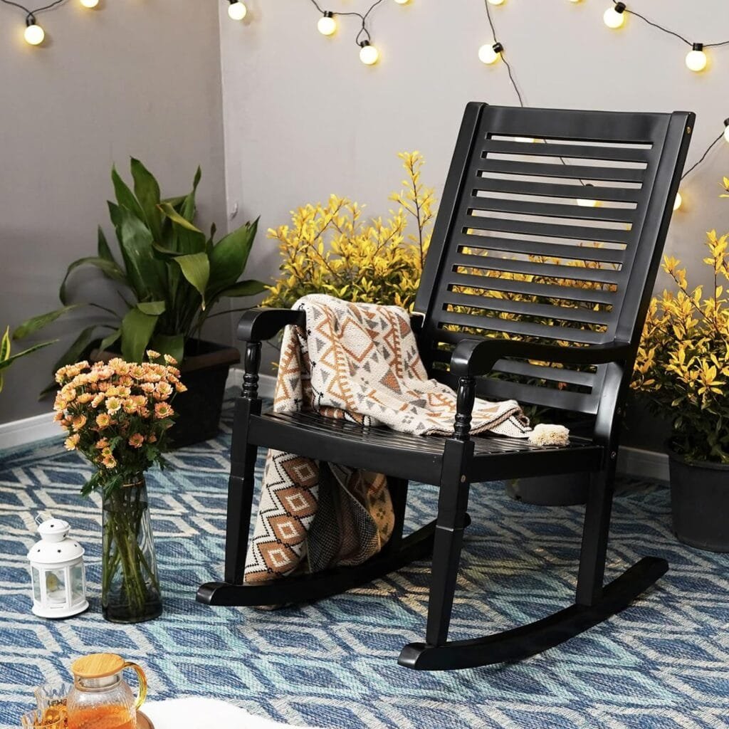 Sophia  William Outdoor Acacia Wood Rocking Chairs Set of 2 Black, Wooden Nantucket Rocking Chair for Porch, Patio, Garden, Lawn, Balcony, Backyard and Indoor, 2 Pack