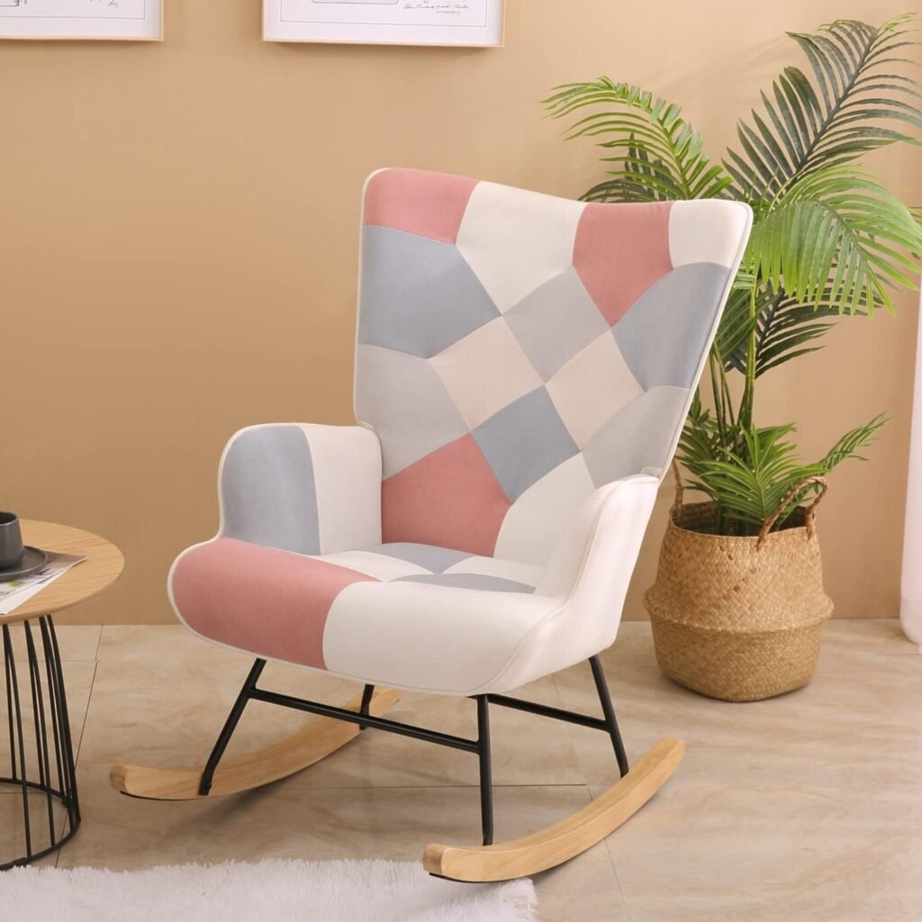 SSLine Comfortable Nursery Rocking Chair Patchwork Linen Upholstered Rocking Chairs Modern High Back Baby Nursery Rocker Cozy Glider Armchair for Living Room Bedroom (PinkWhite)