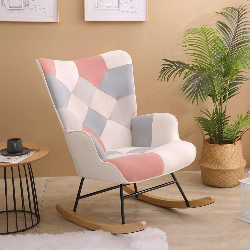 SSLine Comfortable Nursery Rocking Chair Patchwork Linen Upholstered Rocking Chairs Modern High Back Baby Nursery Rocker Cozy Glider Armchair for Living Room Bedroom (PinkWhite)