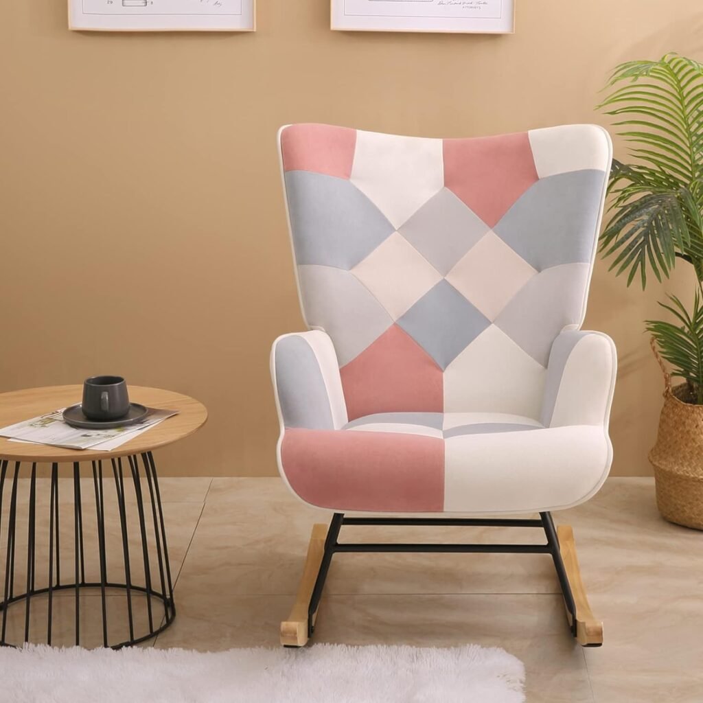 SSLine Comfortable Nursery Rocking Chair Patchwork Linen Upholstered Rocking Chairs Modern High Back Baby Nursery Rocker Cozy Glider Armchair for Living Room Bedroom (PinkWhite)