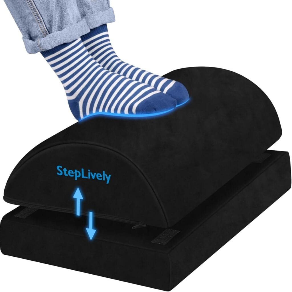 StepLively Foot Rest for Under Desk at Work, Comfortable Foot Stool with 2 Adjustable Heights, Footrest with Washable Cover, for Back  Hip Pain Relief, Suitable for Office, Home and Car (Black)