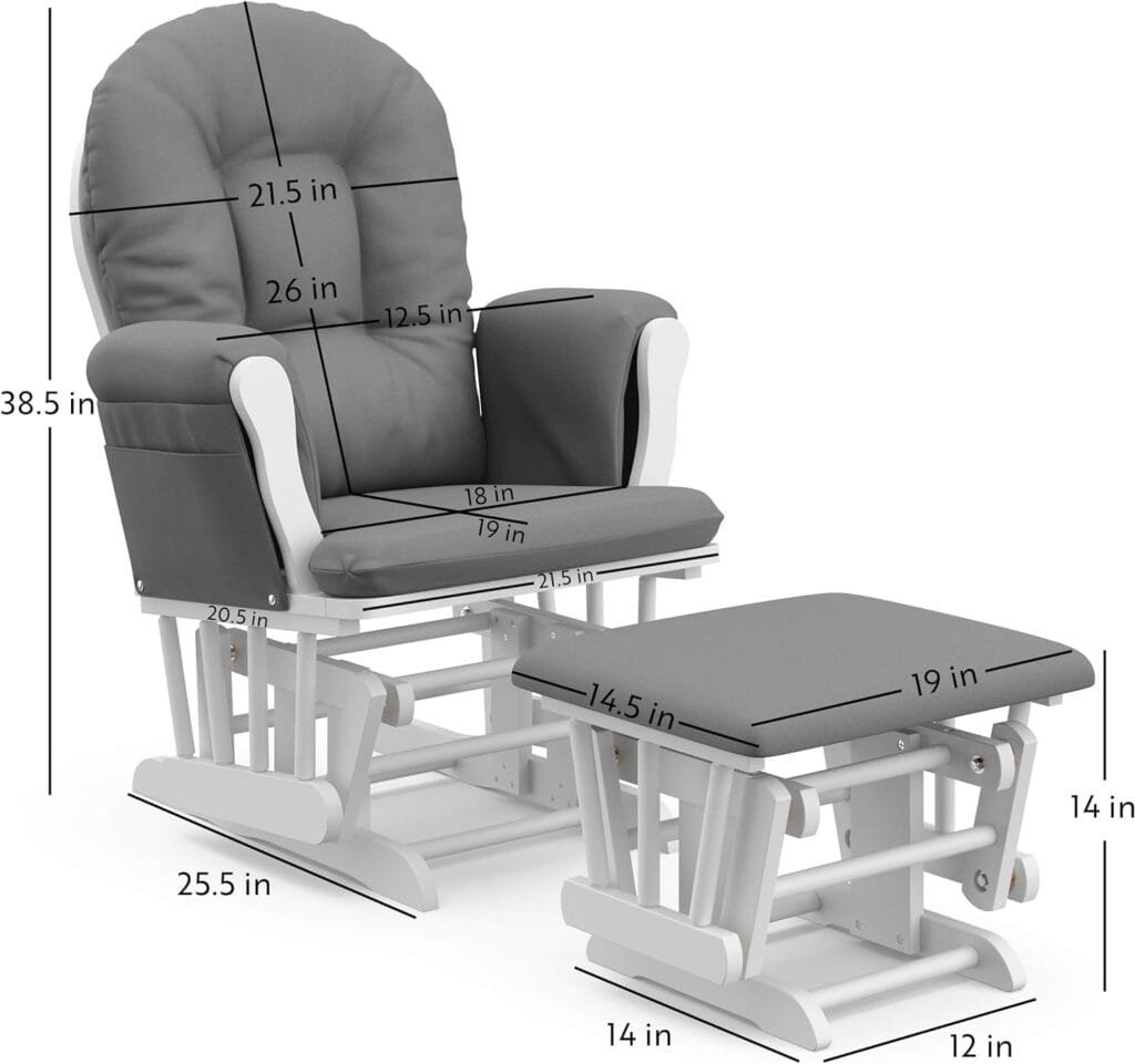 Storkcraft Premium Hoop Glider and Ottoman (White Base, Gray Cushion) – Padded Cushions with Storage Pocket, Smooth Rocking Motion, Easy to Assemble, Solid Hardwood Base