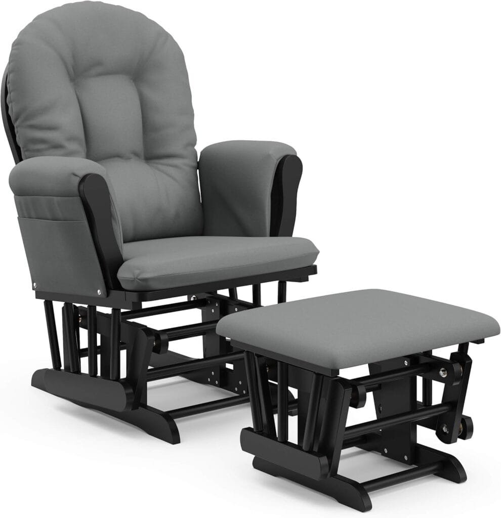 Storkcraft Premium Hoop Glider and Ottoman (White Base, Gray Cushion) – Padded Cushions with Storage Pocket, Smooth Rocking Motion, Easy to Assemble, Solid Hardwood Base
