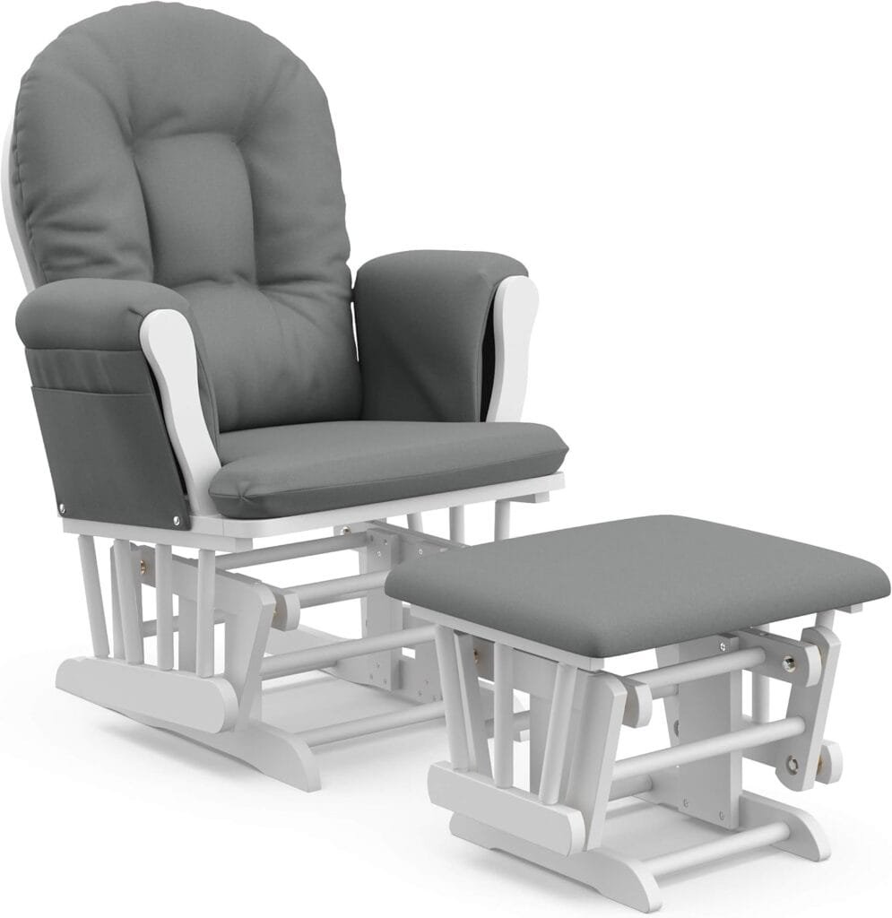 Storkcraft Premium Hoop Glider and Ottoman (White Base, Gray Cushion) – Padded Cushions with Storage Pocket, Smooth Rocking Motion, Easy to Assemble, Solid Hardwood Base