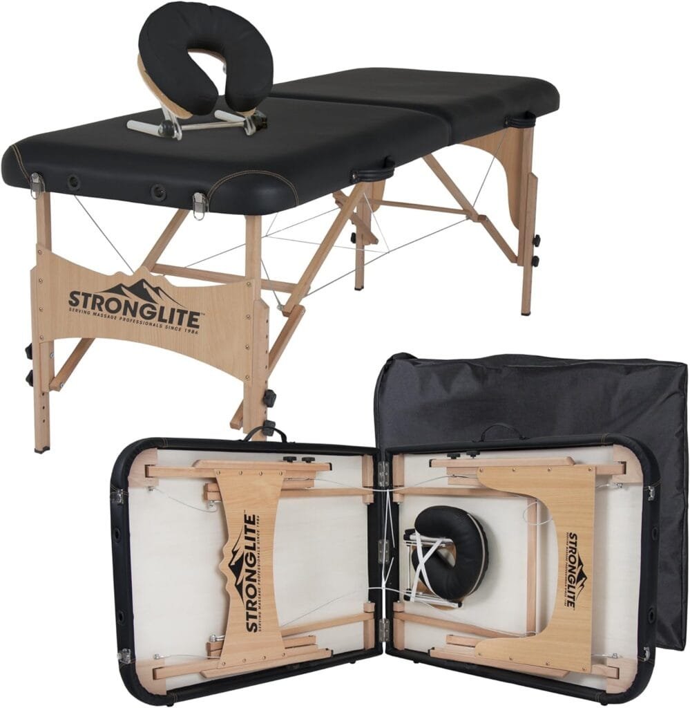 STRONGLITE Portable Massage Table Package Shasta - All-In-One Treatment Table w/ Adjustable Face Cradle, Pillow  Carrying Case, Black