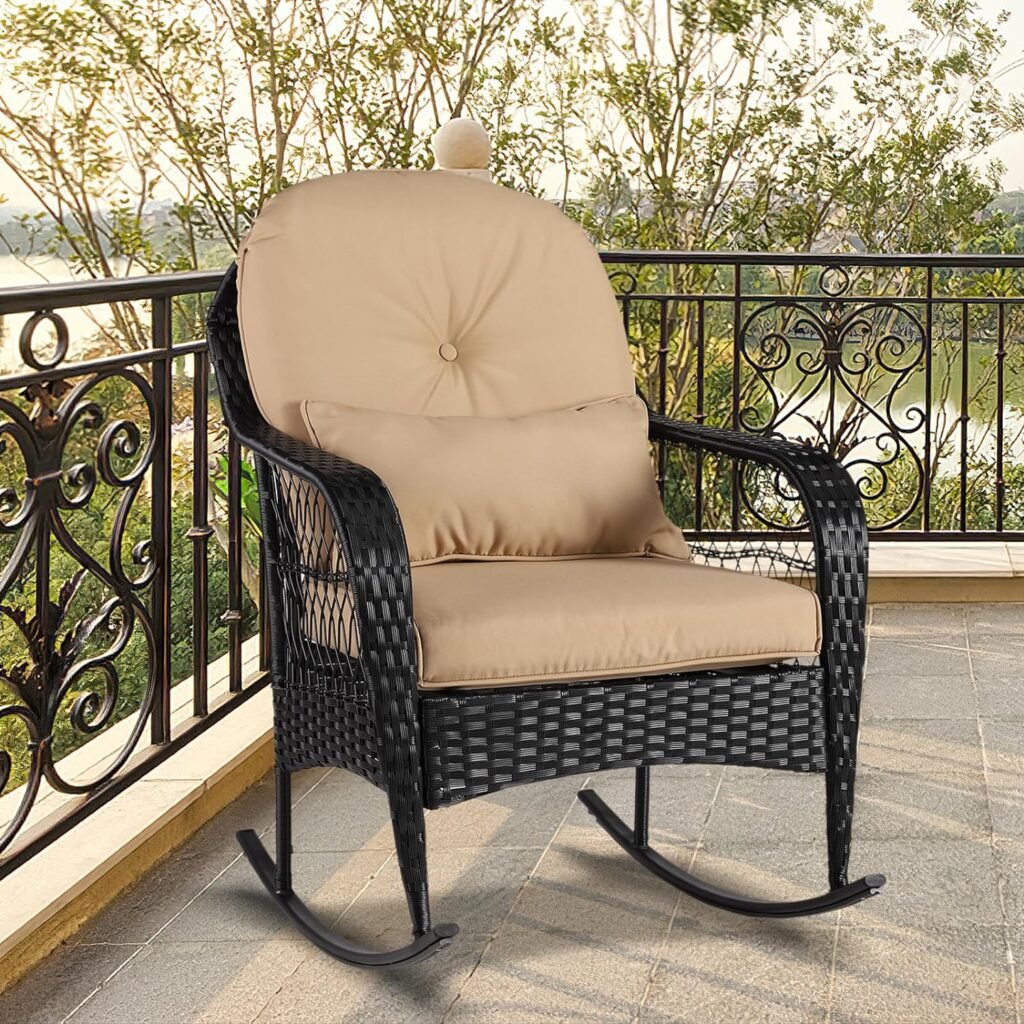 Sumshadow Outdoor Wicker Rocking Chair, All Weather PE Rattan Rocker with Cushion  Pillow, Outdoor Rocking Furniture for Garden, Porch, Backyard, Poolside (Black Rattan+Khaki Cushion)