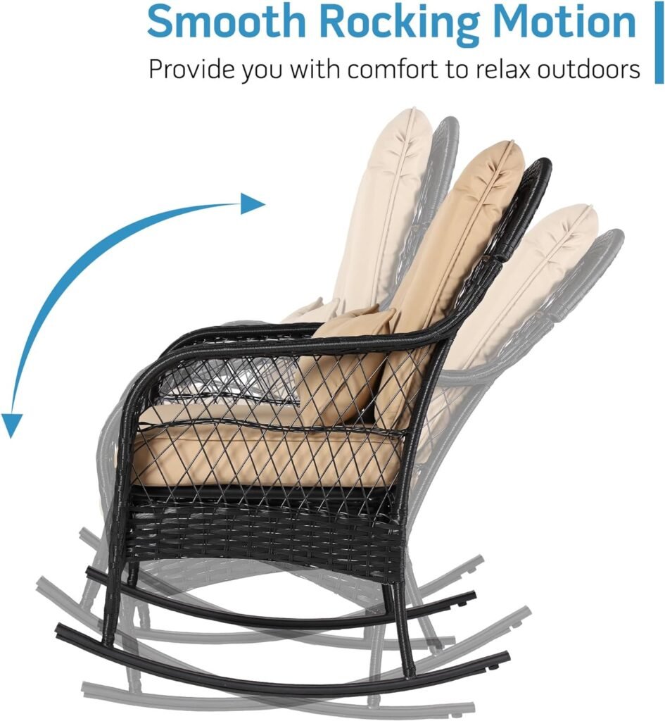 Sumshadow Outdoor Wicker Rocking Chair, All Weather PE Rattan Rocker with Cushion  Pillow, Outdoor Rocking Furniture for Garden, Porch, Backyard, Poolside (Black Rattan+Khaki Cushion)