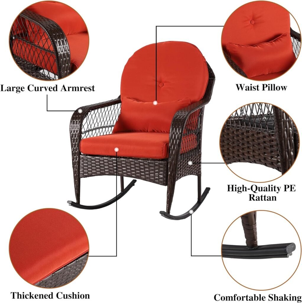 Sumshadow Outdoor Wicker Rocking Chair, All Weather PE Rattan Rocker with Cushion  Pillow, Outdoor Rocking Furniture for Garden, Porch, Backyard, Poolside (Black Rattan+Khaki Cushion)