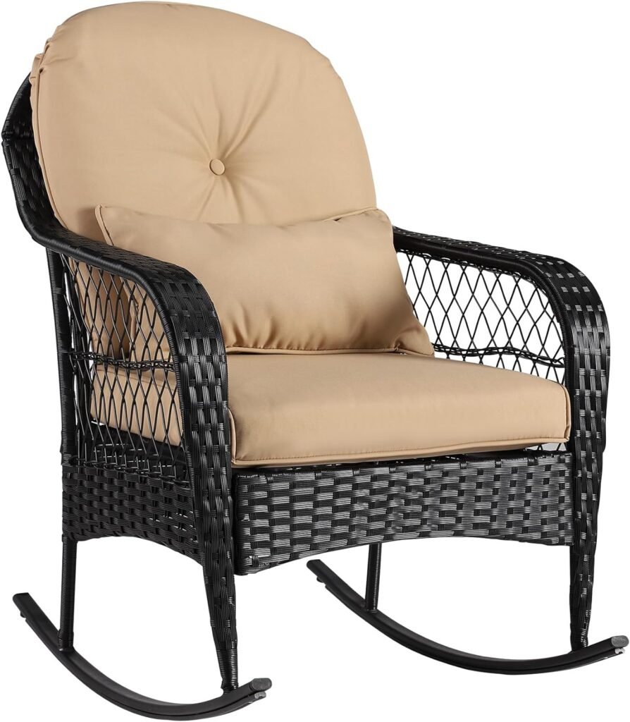 Sumshadow Outdoor Wicker Rocking Chair, All Weather PE Rattan Rocker with Cushion  Pillow, Outdoor Rocking Furniture for Garden, Porch, Backyard, Poolside (Black Rattan+Khaki Cushion)