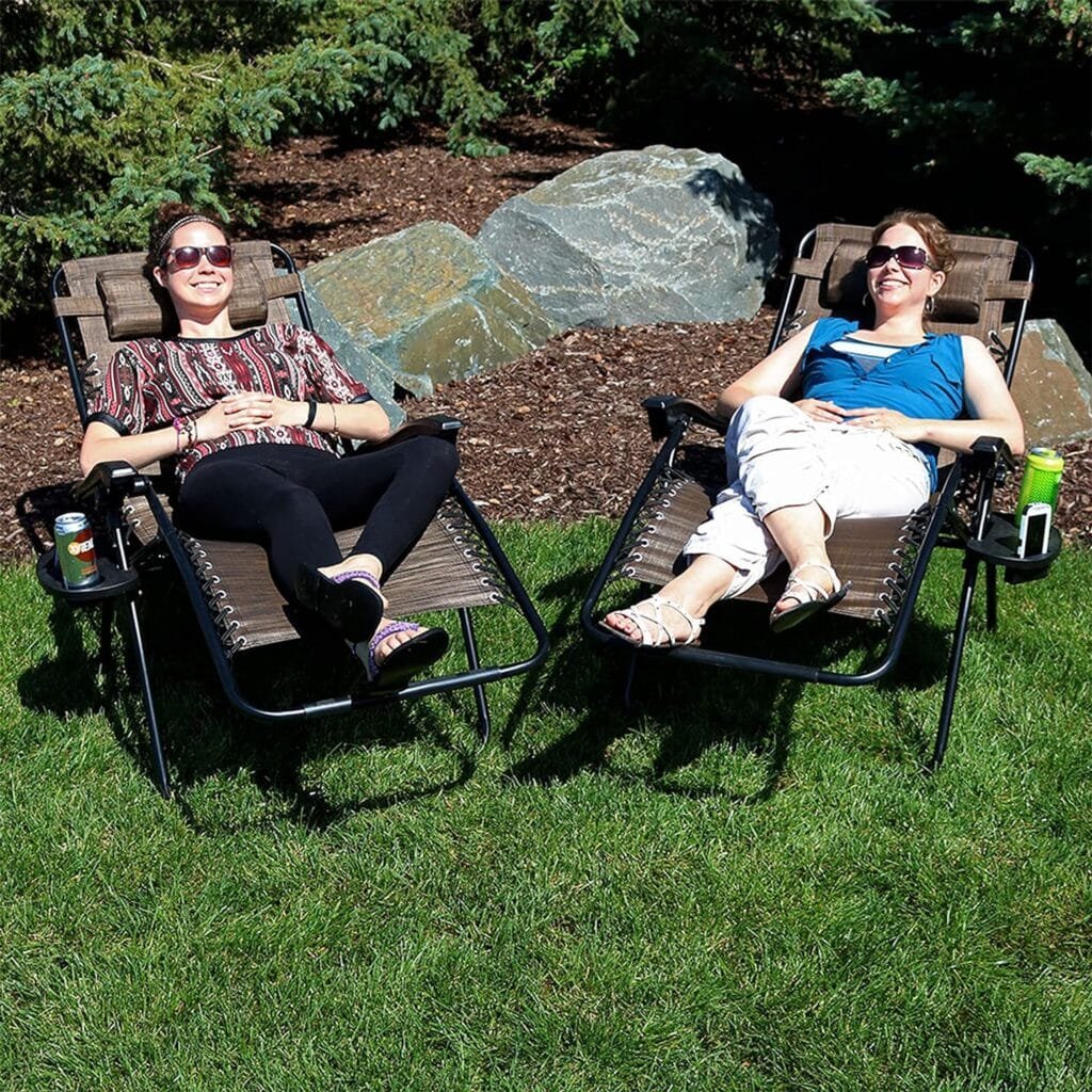 Sunnydaze XL Folding Zero Gravity Chair with Pillow and Cup Holder - Dark Brown - Set of 2
