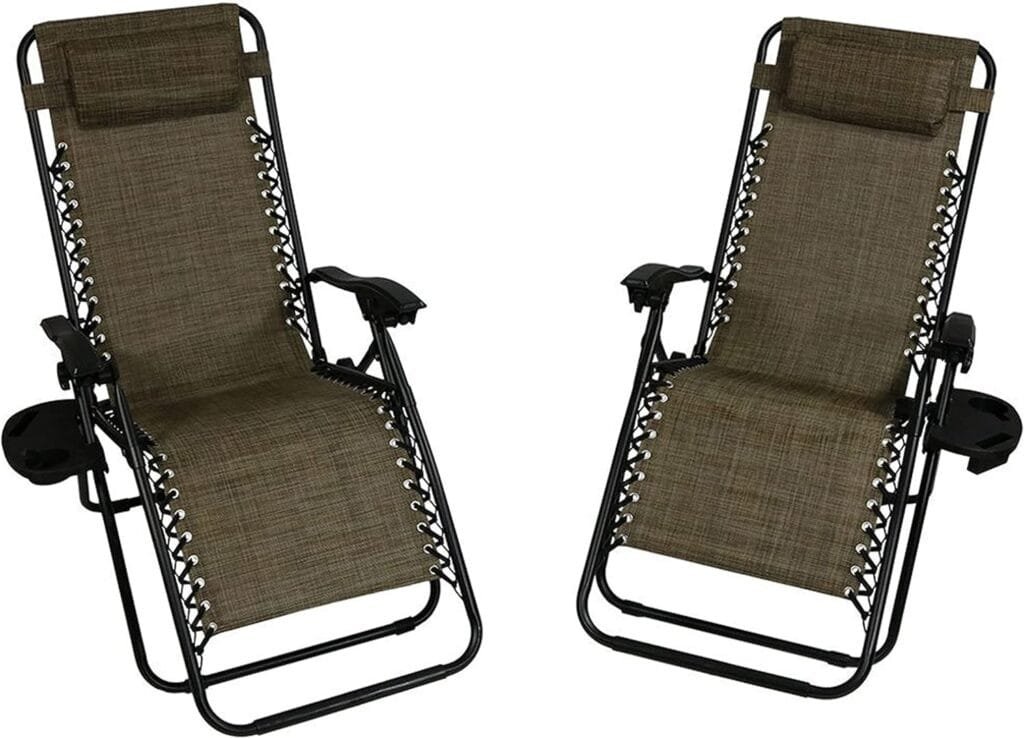 Sunnydaze XL Folding Zero Gravity Chair with Pillow and Cup Holder - Dark Brown - Set of 2