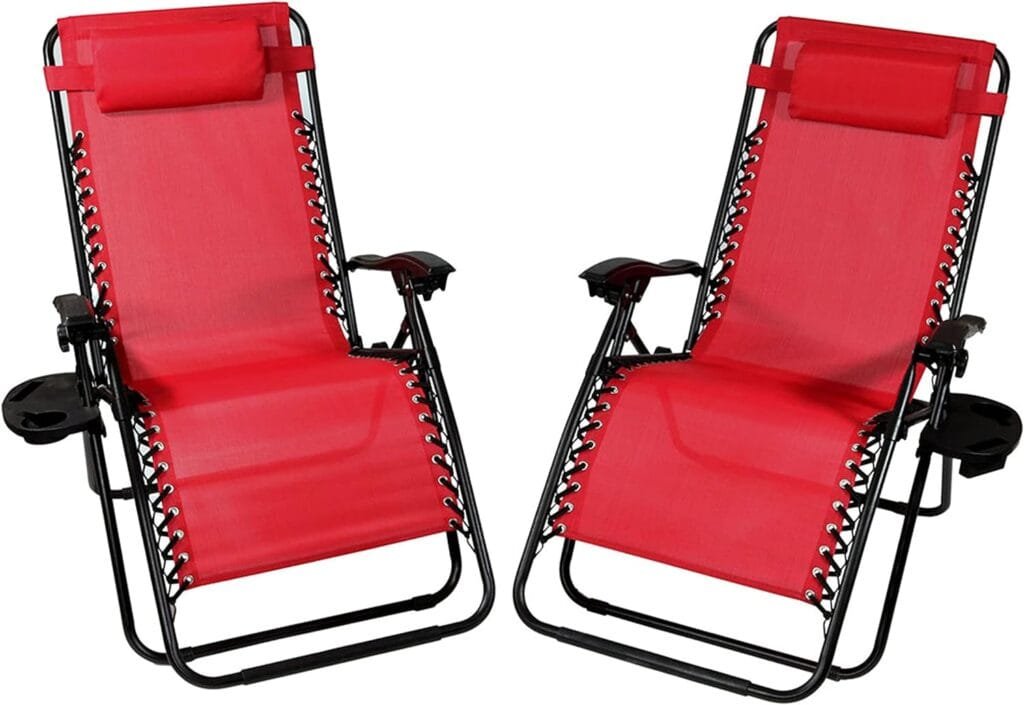 Sunnydaze XL Folding Zero Gravity Chair with Pillow and Cup Holder - Dark Brown - Set of 2