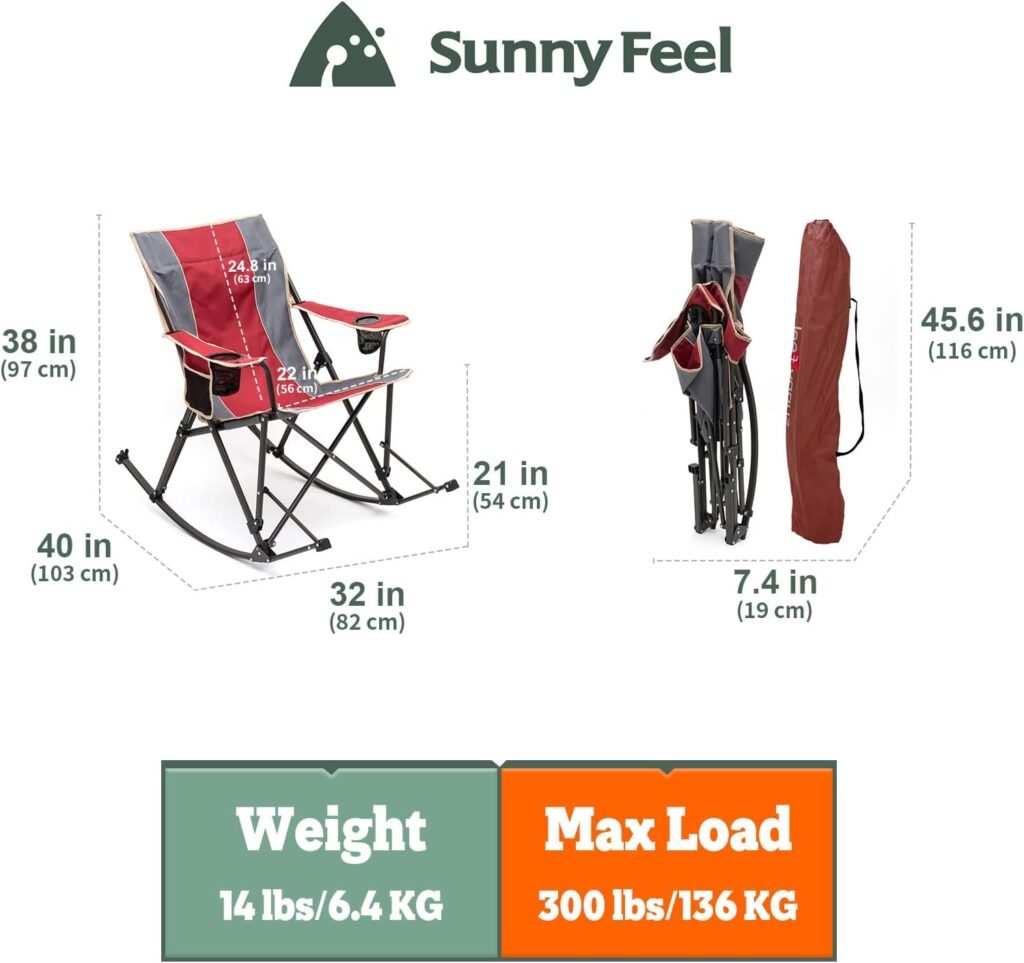 SUNNYFEEL Heated Camping Chair, Oversized Folding Rocking Camping Chairs for Adults with Luxury Padded Recliner, 500 LBS Heavy Duty for Lawn/Picnic/Patio, Portable Outdoor Rocker Camp Chair