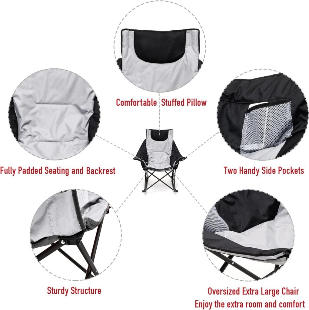 SUNNYFEEL Oversized Heated Camping Chair, Folding Rocking Camping Chairs with Luxury Padded Recliner,Carry Bag, 500 LBS Heavy Duty for Lawn/Outdoor/Picnic/Patio, Portable Rocker Camp Chair