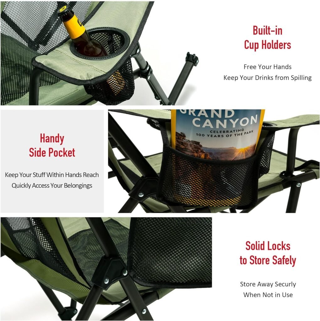 SUNNYFEEL Oversized Heated Camping Chair, Folding Rocking Camping Chairs with Luxury Padded Recliner,Carry Bag, 500 LBS Heavy Duty for Lawn/Outdoor/Picnic/Patio, Portable Rocker Camp Chair