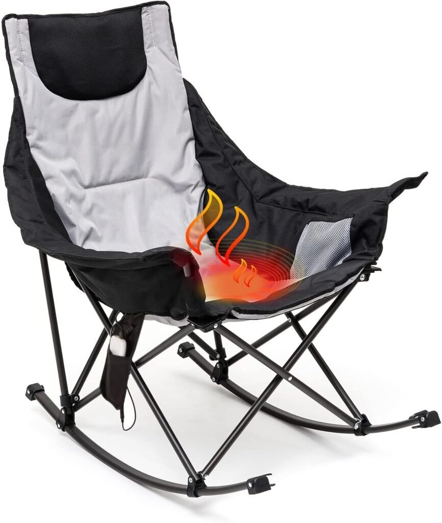 SUNNYFEEL Oversized Heated Camping Chair, Folding Rocking Camping Chairs with Luxury Padded Recliner,Carry Bag, 500 LBS Heavy Duty for Lawn/Outdoor/Picnic/Patio, Portable Rocker Camp Chair