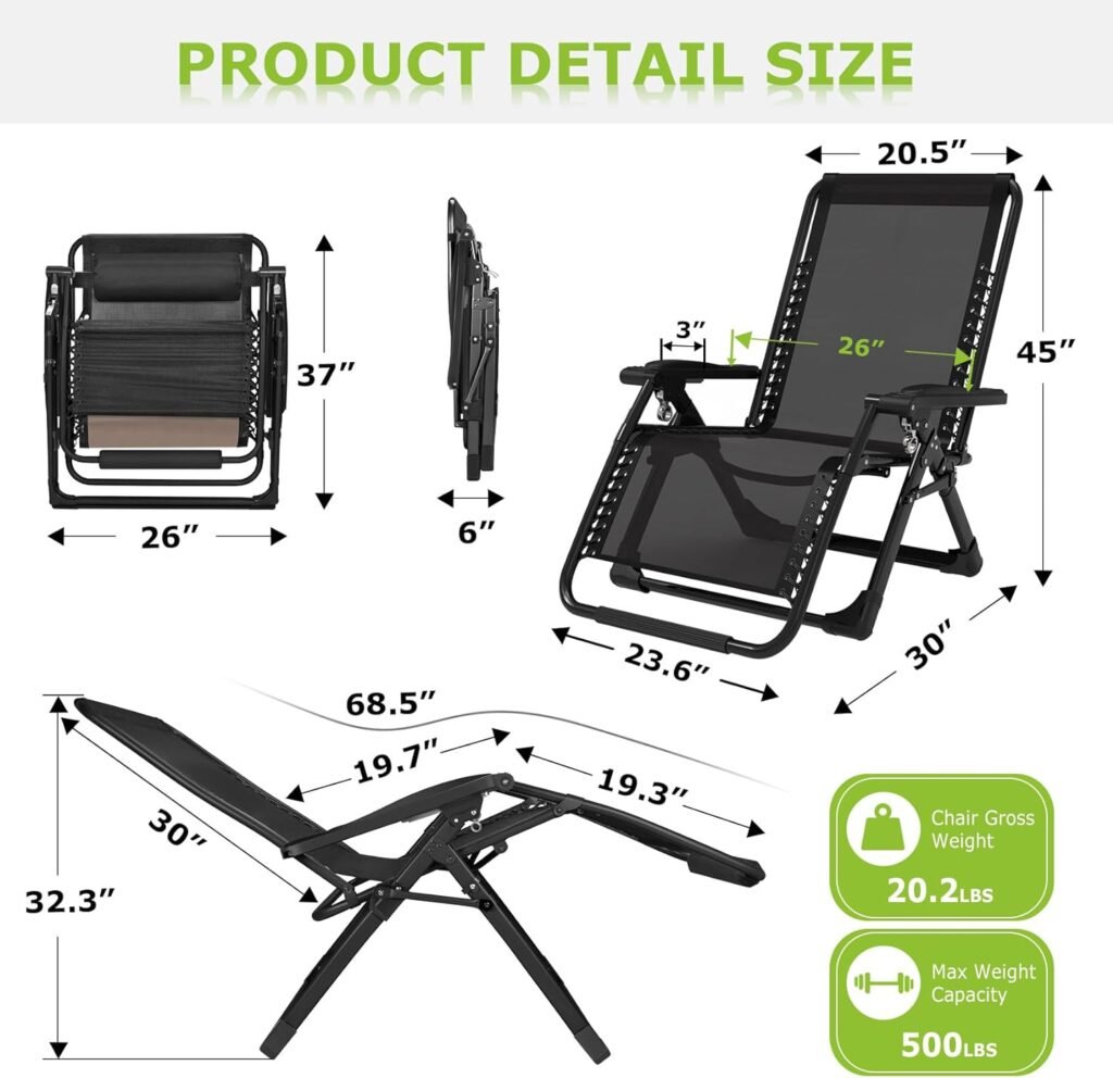 Suteck Oversized Zero Gravity Chair 26In L Reclining Camping Chair w/Removable Cushion, Outdoor Lounge Chairs Patio Recliner with Large Cup Holder, Footrest and Padded Headrest, Support 500LBS, Black