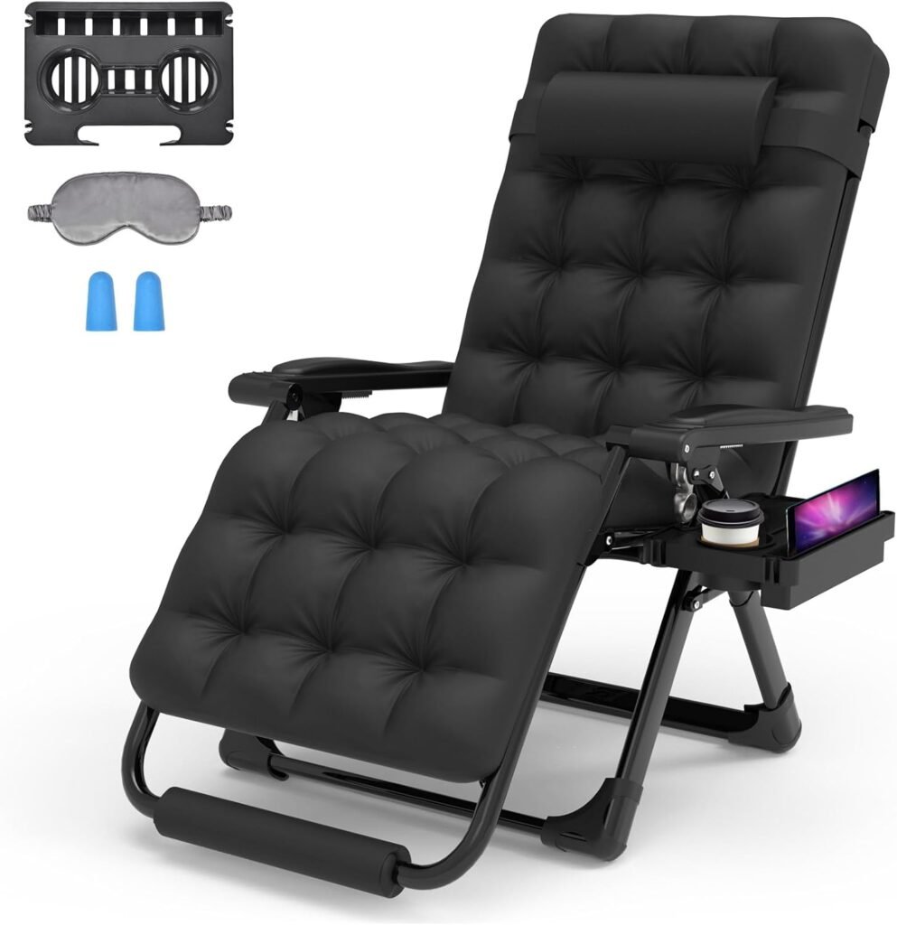 Suteck Oversized Zero Gravity Chair 26In L Reclining Camping Chair w/Removable Cushion, Outdoor Lounge Chairs Patio Recliner with Large Cup Holder, Footrest and Padded Headrest, Support 500LBS, Black