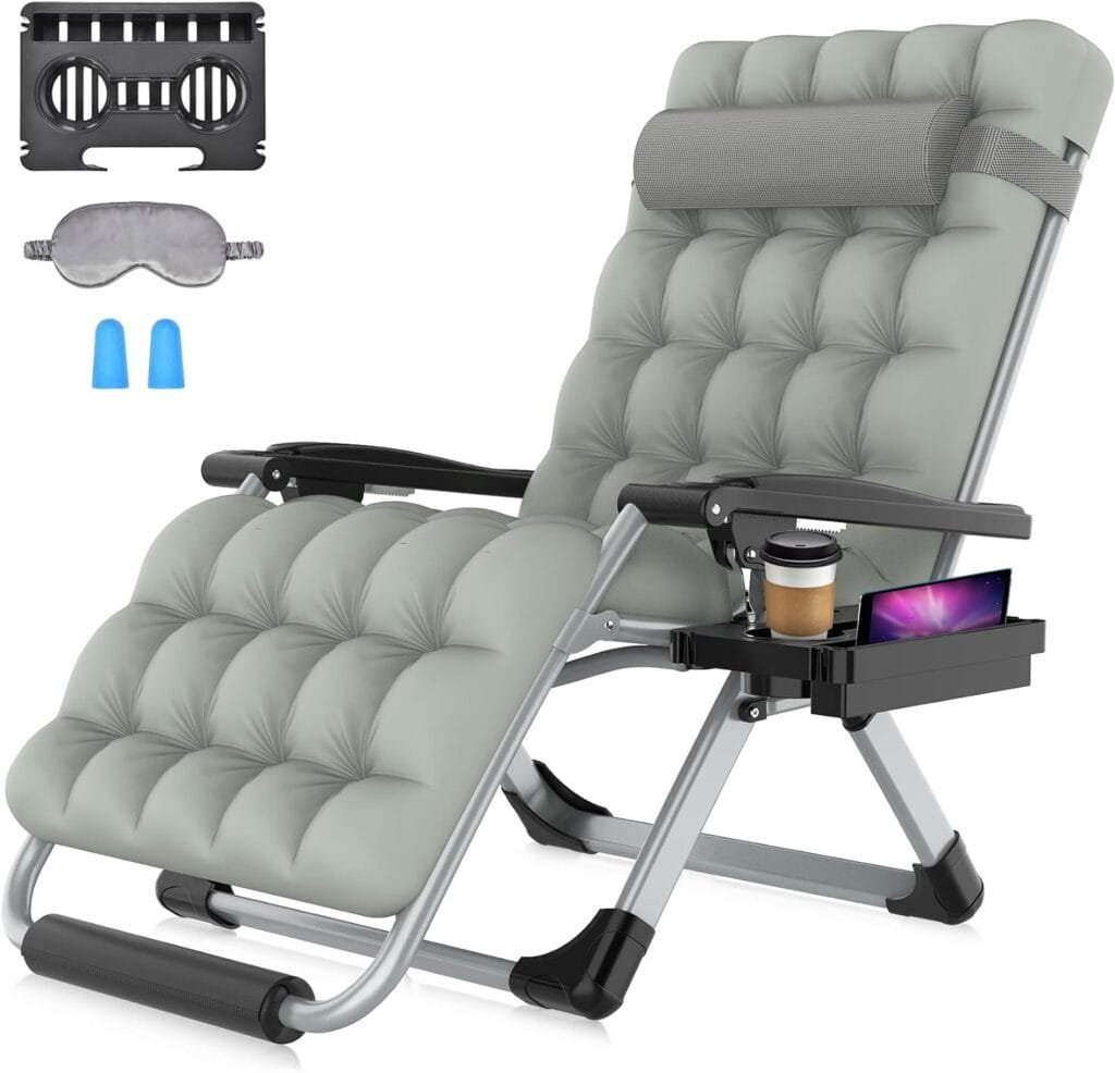 Suteck Oversized Zero Gravity Chair, 33In XXL Lounge Chair w/Removable Cushion  Headrest, Upgraded Aluminum Alloy Lock, Cup Holder and Footrest Patio Reclining Chair for Indoor Outdoor, 500lbs,Gray