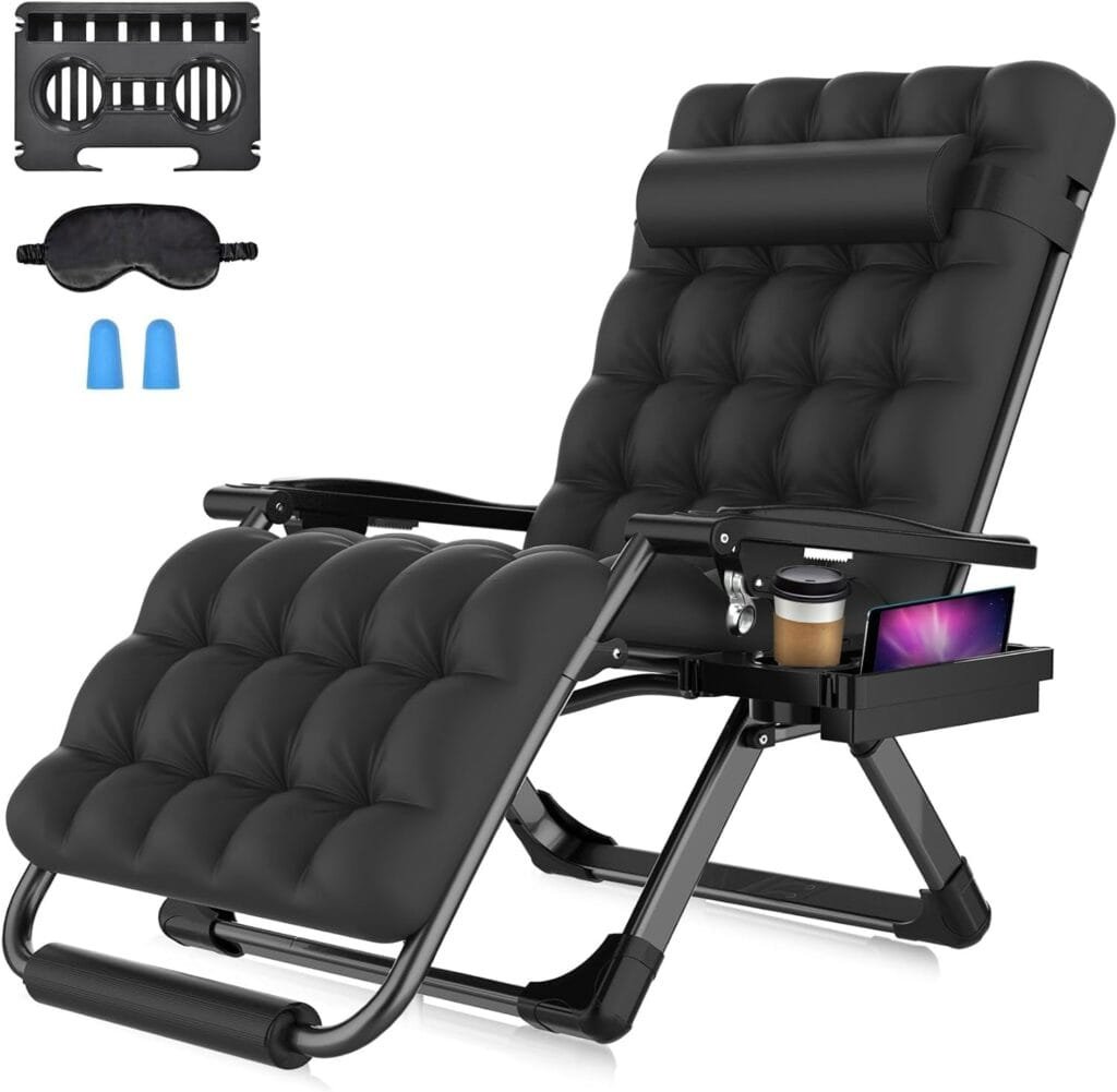 Suteck Oversized Zero Gravity Chair, 33In XXL Lounge Chair w/Removable Cushion  Headrest, Upgraded Aluminum Alloy Lock, Cup Holder and Footrest Patio Reclining for Indoor Outdoor, 500lbs,Black