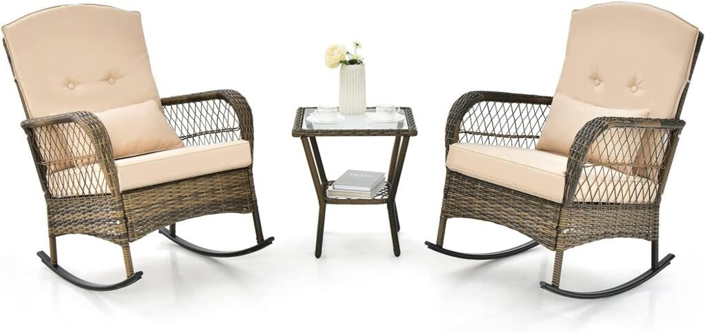 Tangkula 3-Piece Outdoor Rocking Chair Set, Hand-Woven PE Rattan Chairs  Tempered Glass Side Table, Smooth Rocking Design, Include Cozy Cushions  Pillow, Ideal for Balcony, Backyard, Porch (Beige)