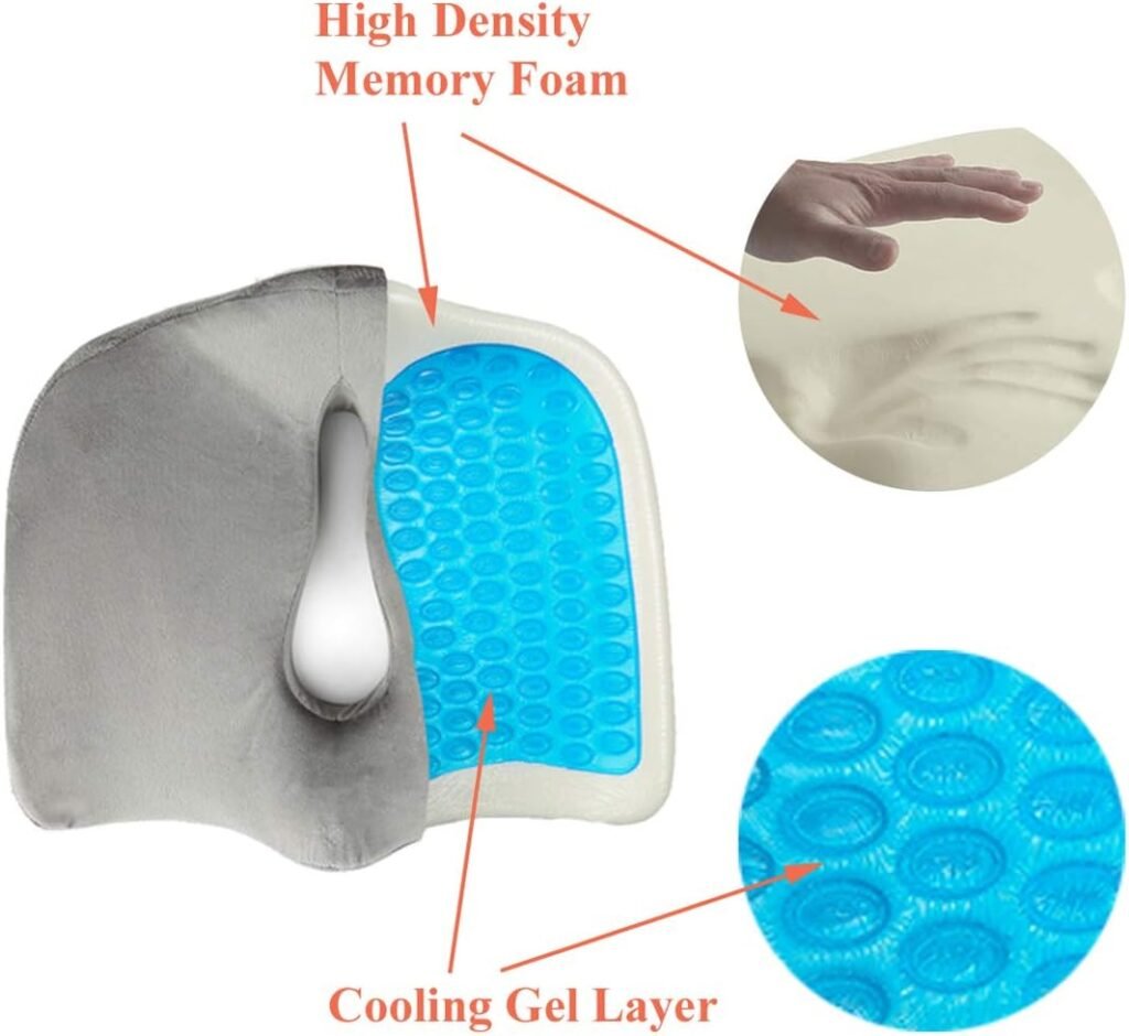 Tektrum Orthopedic Cool Gel Enhanced Seat Cushion, Gel Memory Foam Coccyx Cushion for Back Pain, Sciatica, Tailbone, Prostate, Sitting Long Hours -Office, Home, Car, Plane, Wheelchair (02NJ-Grey)