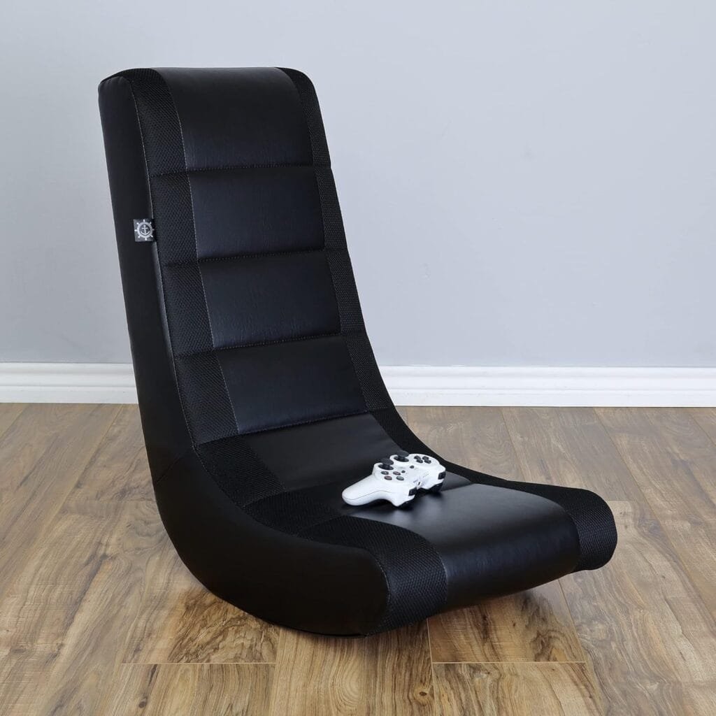 The Crew Furniture Classic Video Rocker Floor Gaming Chair, Kids and Teens, Racing Stripe PU Faux Leather  Polyester Mesh, Black/Red