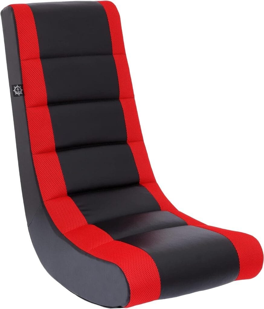 The Crew Furniture Classic Video Rocker Floor Gaming Chair, Kids and Teens, Racing Stripe PU Faux Leather  Polyester Mesh, Black/Red