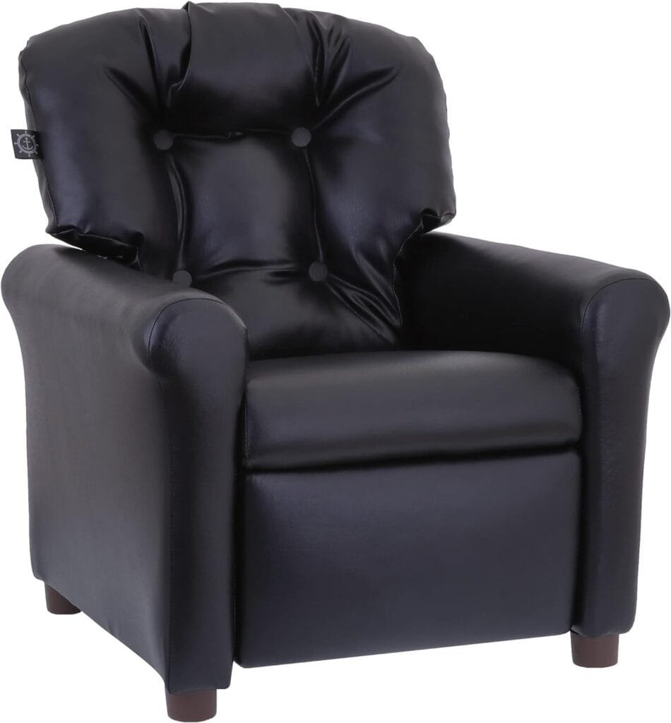 THE CREW FURNITURE Traditional Kids Recliner Chair, Toddler Ages 1-5 Years, Polyurethane Faux Leather, Black