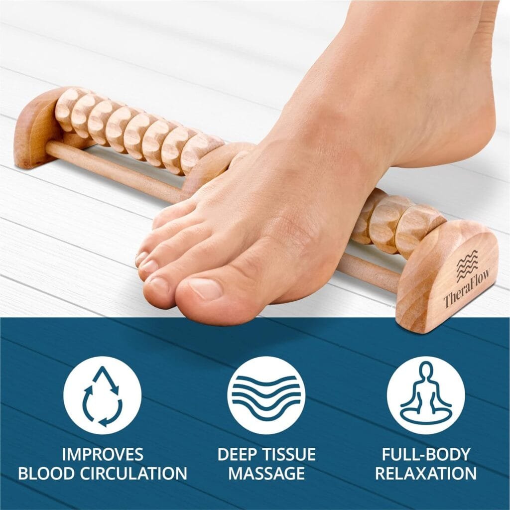 TheraFlow Foot Massager Roller, Foot Roller for Plantar Fasciitis Relief - Foot Pain, Neuropathy, Heel Arch, Stress Relief - Relaxation Gifts for Women, Men, Reflexology Tool - Wooden (Dual)