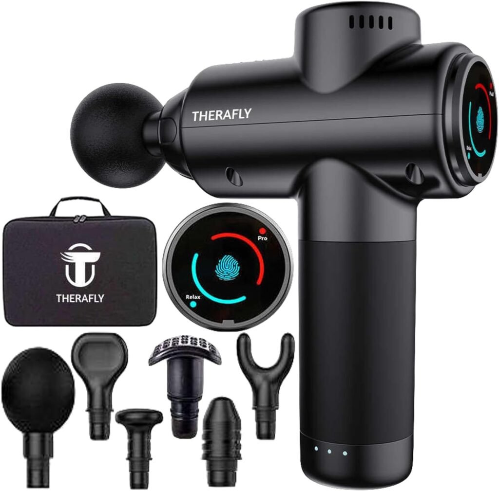 THERAFLY Massage Gun Deep Tissue for Athletes - Professional Handheld Portable Electric Percussion Massager for Pain Relief, LED Display, Quiet Motor, Back  Neck Muscle Tool with 6 Heads, Black