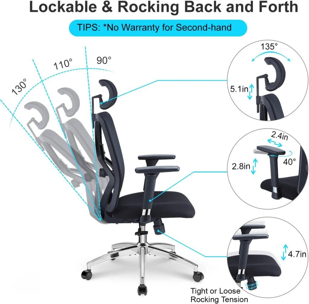 Ticova Ergonomic Office Chair - High Back Desk Chair with Adjustable Lumbar Support, Headrest  3D Metal Armrest - 130°Rocking Mesh Computer Chair