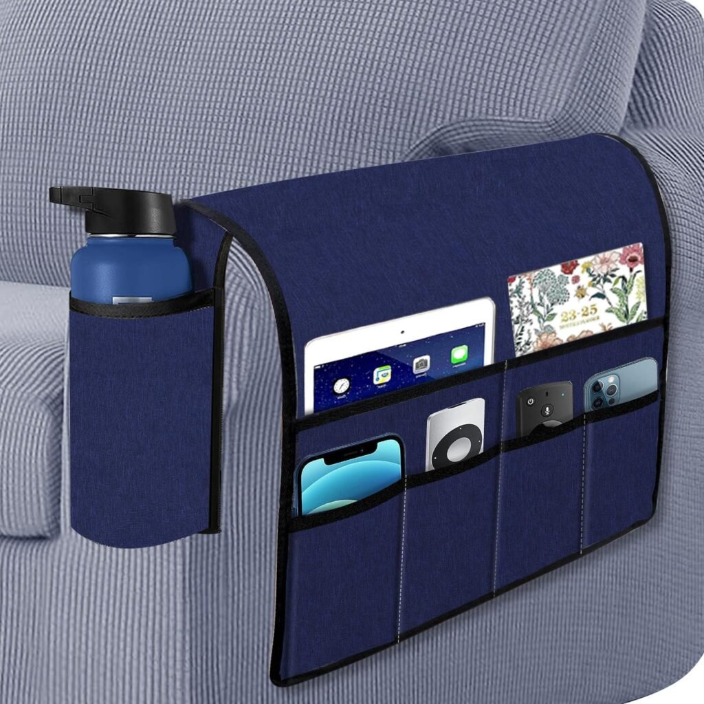 TIGER TEAM Armchair Caddy, Non-slip Sofa Armrest Organizer, Remote Control Holder for Recliner and Sofa, 6 Pocket Organizer to keep your Accessories in Style. (Dark Blue)