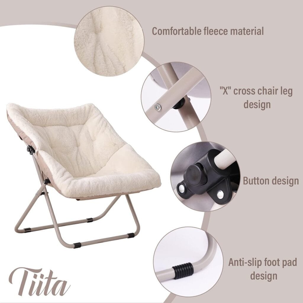 Tiita Comfy Saucer Chair, Soft Faux Fur Oversized Folding Accent Chair, Lounge Lazy Chair for Kids Teens Adults, Metal Frame Moon Chair for Bedroom, Living Room, Dorm Rooms