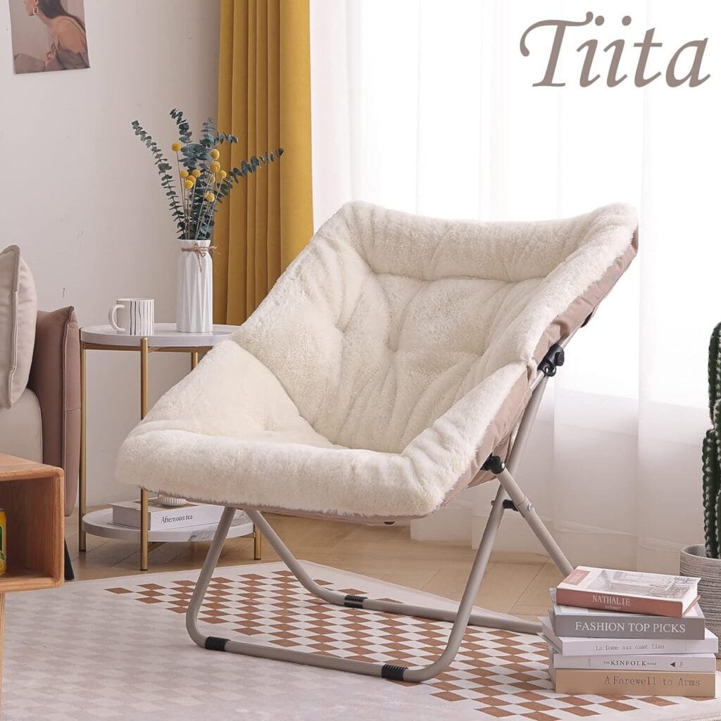 Tiita Comfy Saucer Chair, Soft Faux Fur Oversized Folding Accent Chair, Lounge Lazy Chair for Kids Teens Adults, Metal Frame Moon Chair for Bedroom, Living Room, Dorm Rooms