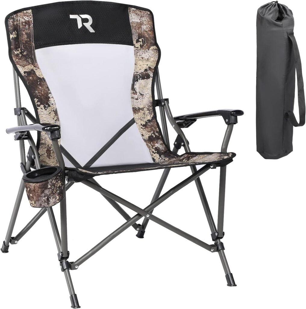 TR Foldable Camping Chair Hard Arms, Portable Lawn Chair for Adults,Outdoor Chairs Heavy Duty with Mesh Backrest Cup Holder,Support to 300LBS (Camo)