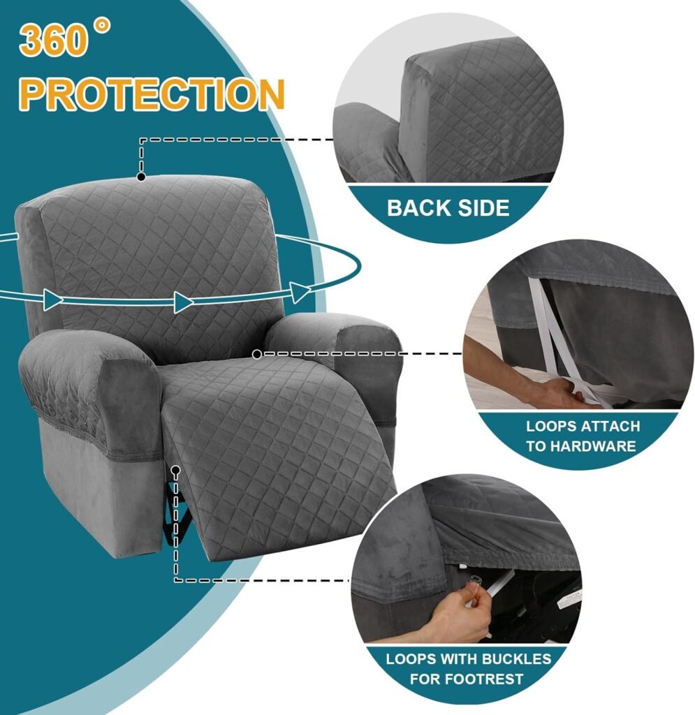 Turquoize Waterproof Recliner Chair Covers Quilted Stretch Recliner Covers for Recliner Chair 4-Piece Recliner Slip Covers for Reclining Chairs Seat Width Up to 23 Recliner Protector (Recliner, Gray)