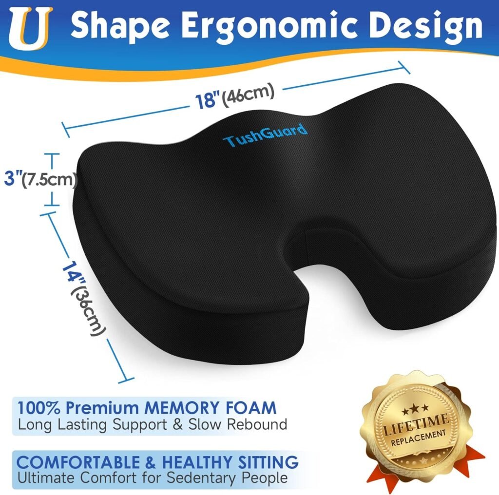 TushGuard Seat Cushion for Office Desk Chair, Memory Foam, Non-Slip, Cushion Back, Coccyx, Sciatica, Tailbone Pain Relief Butt Pillow for Car, Wheelchair, Black