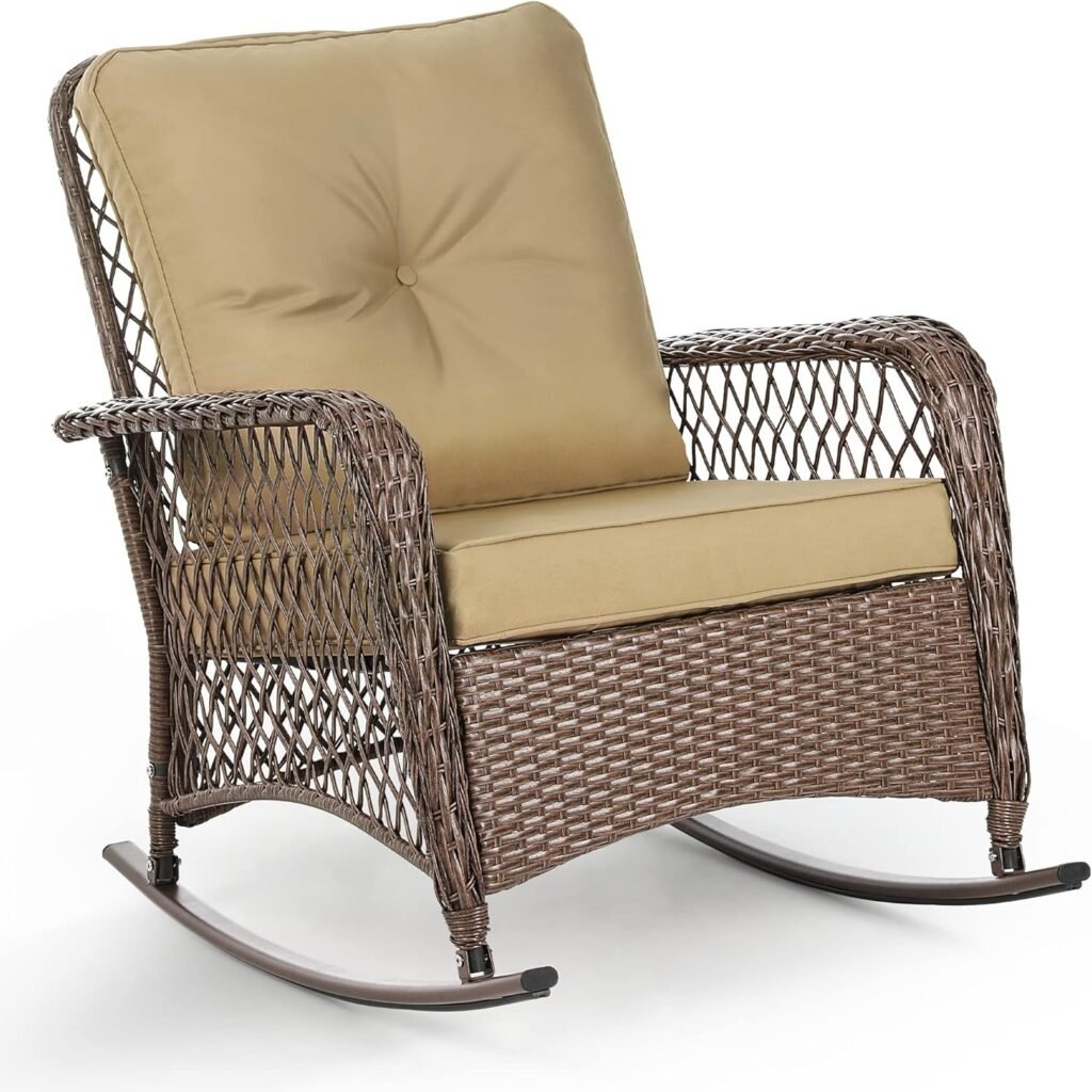 UDPATIO Outdoor Wicker Rocking Chair, Patio Rocking Chairs for Outside, Patio Rocker with Lumbar Pillow for Backyard, Porch, Balcony, Poolside