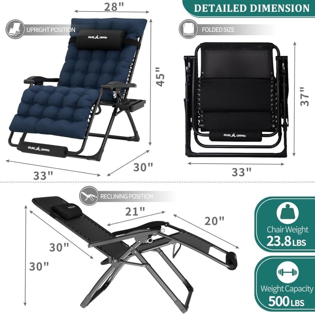 UDPATIO Oversized Zero Gravity Chair 33In XXL Patio Reclining Chair with Cushion, Outdoor Folding Adjustable Recliner with Cup Holder, Foot Rest  Padded Headrest, Support 500LB, Black