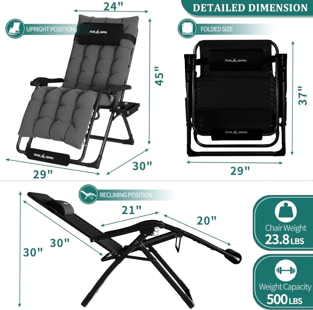 UDPATIO Oversized Zero Gravity Chair 33In XXL Patio Reclining Chair with Cushion, Outdoor Folding Adjustable Recliner with Cup Holder, Foot Rest  Padded Headrest, Support 500LB, Black