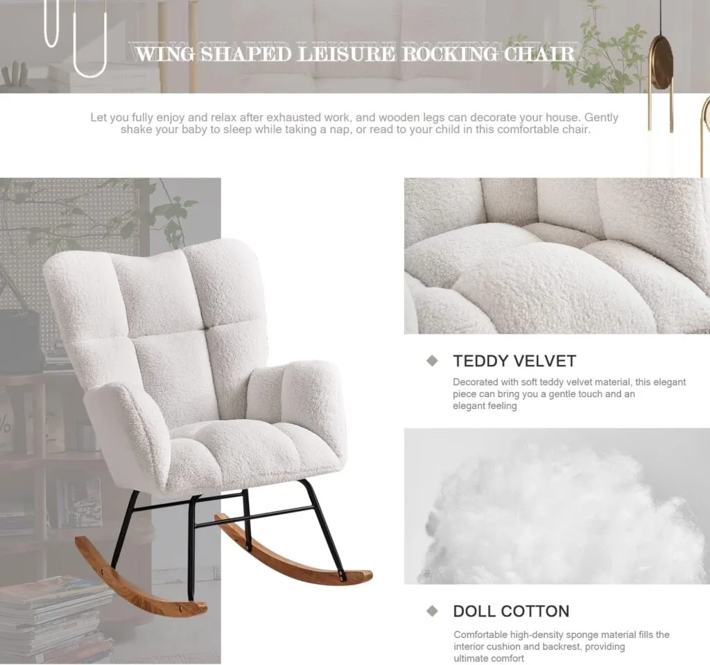 Ugijei Rocking Chair Nursery, Teddy Glider Rocker with High Backrest, Modern Rocking Accent Chairs for Nursery, Living Room, Bedroom (Ivory) Ugijei Rocking Chair Nursery, Teddy Glider Rocker with High Backrest, Modern Rocking Accent Chairs for Nursery, Living Room, Bedroom (Ivory)