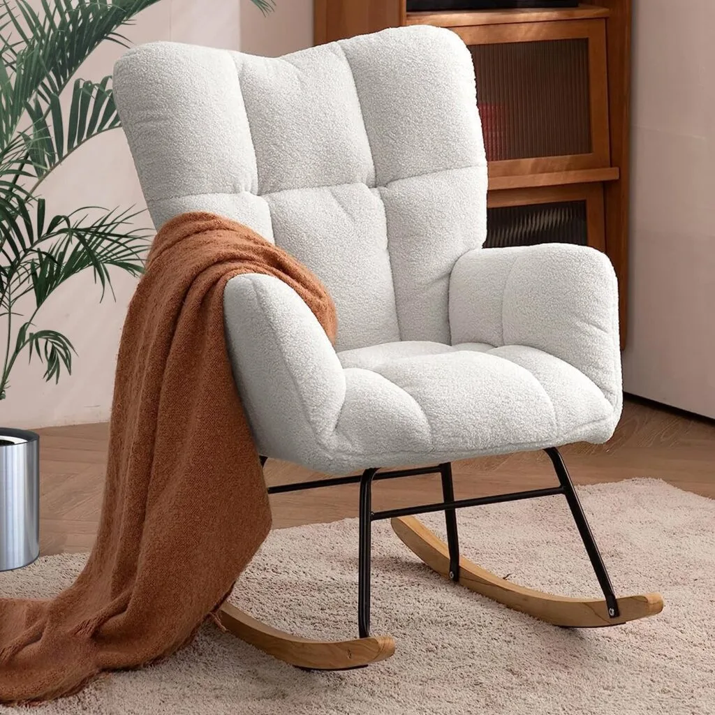 Ugijei Rocking Chair Nursery, Teddy Glider Rocker with High Backrest, Modern Rocking Accent Chairs for Nursery, Living Room, Bedroom (Ivory) Ugijei Rocking Chair Nursery, Teddy Glider Rocker with High Backrest, Modern Rocking Accent Chairs for Nursery, Living Room, Bedroom (Ivory)