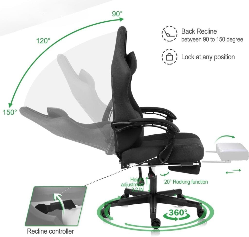 Ulody Gaming Chair,Big and Tall Gaming Chair with Footrest,Ergonomic Computer Chair,Fabric Office Chair with Lumbar Support,360 Degree Swivel and Height Adjustment,Video Gaming Chair for Adults-Black