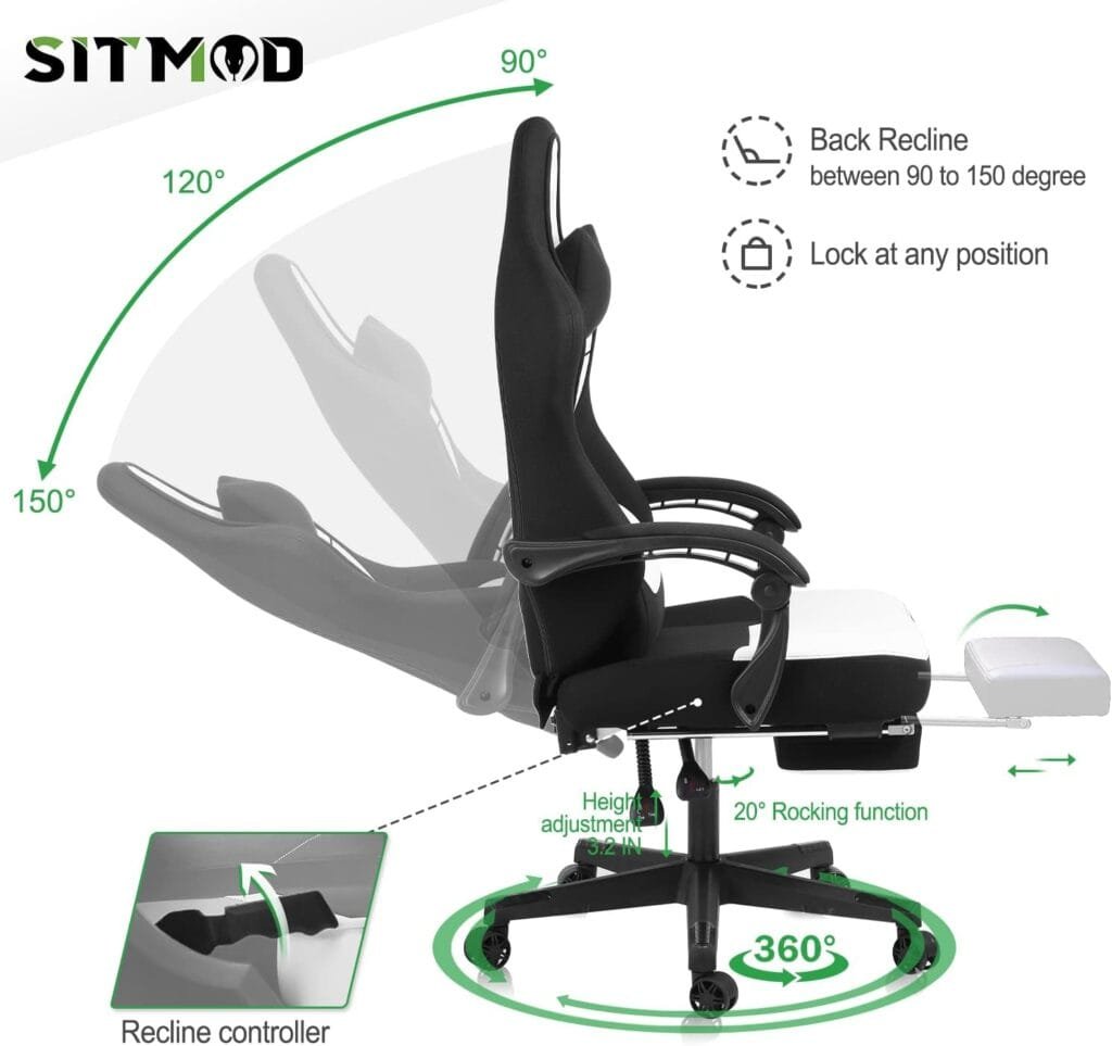 Ulody Gaming Chair,Big and Tall Gaming Chair with Footrest,Ergonomic Computer Chair,Fabric Office Chair with Lumbar Support,360 Degree Swivel and Height Adjustment,Video Gaming Chair for Adults-Black
