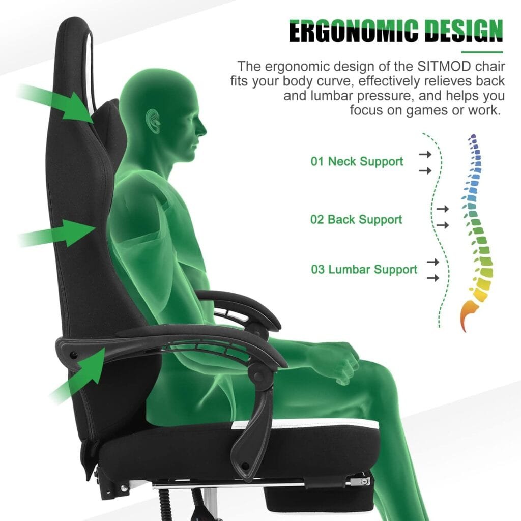 Ulody Gaming Chair,Big and Tall Gaming Chair with Footrest,Ergonomic Computer Chair,Fabric Office Chair with Lumbar Support,360 Degree Swivel and Height Adjustment,Video Gaming Chair for Adults-Black