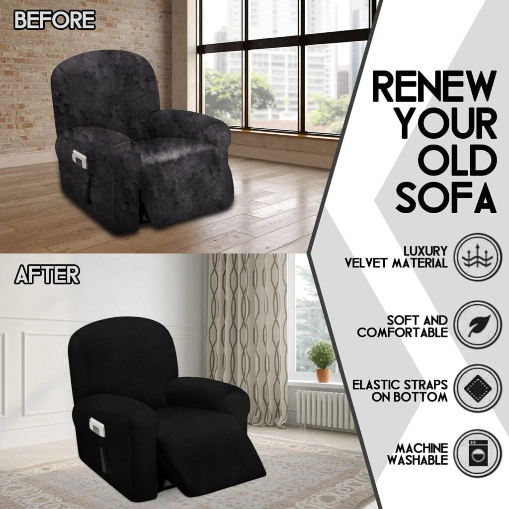 ULTICOR 4-Piece, 1 Seat Recliner Cover, Velvet Stretch Reclining Chair Covers for 1 Cushion Reclining Sofa, Single Seat Recliner Couch Cover, Thick, Very Soft, Machine Washable (Black)