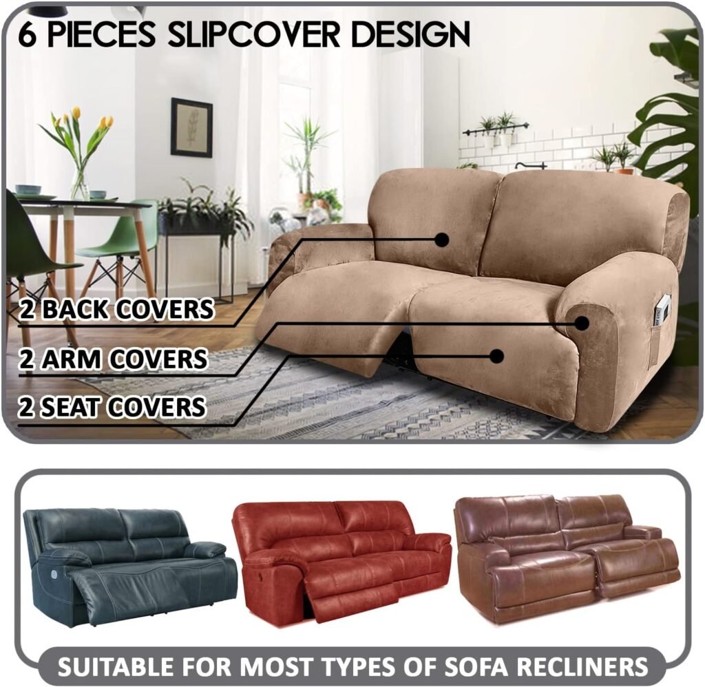 ULTICOR Extra Wide 75 - 100, Reclining 2 Seater Sofa, Extra Wide Reclining Love Seat Slipcover, 6-Piece Velvet Stretch, Reclining Sofa Covers, Thick, Soft, Washable (Black)