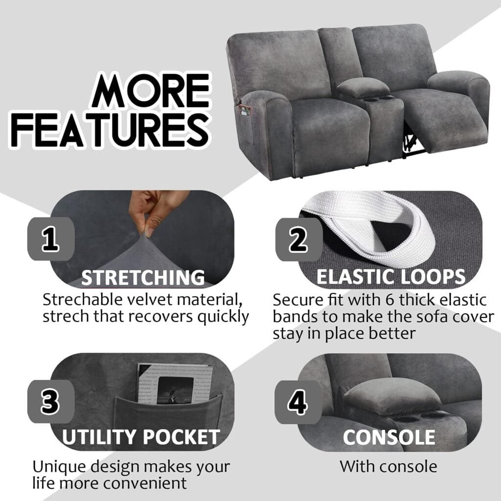 ULTICOR Reclining Loveseat with Middle Console Slipcover, 8-Piece Velvet Stretch Sofa Covers, 2 seat Loveseat Recliner Cover, Thick, Soft, Washable(Dark Grey)