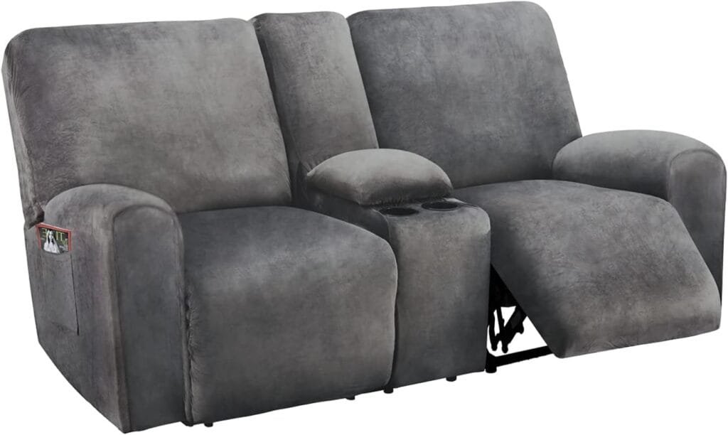 ULTICOR Reclining Loveseat with Middle Console Slipcover, 8-Piece Velvet Stretch Sofa Covers, 2 seat Loveseat Recliner Cover, Thick, Soft, Washable(Dark Grey)